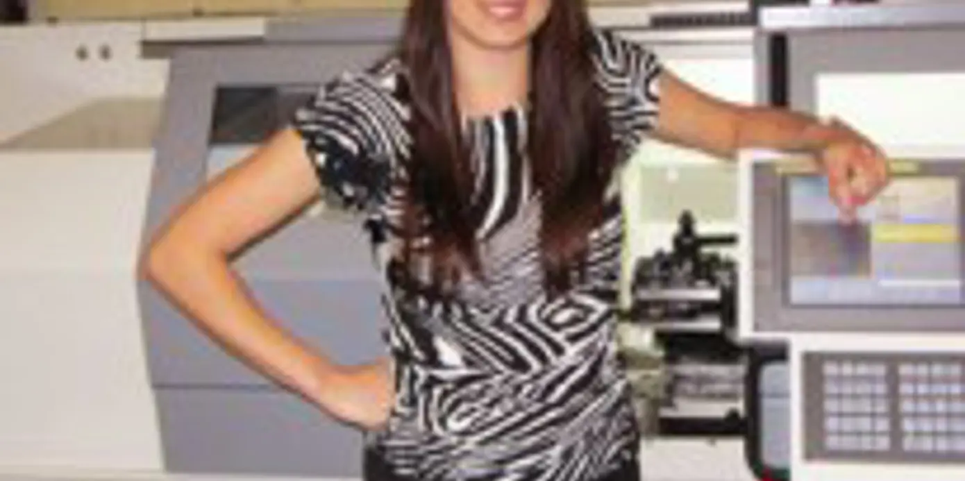 Joanne Zalesinski, 600 UK Educational Sales Representative with Harrison Alpha CNC lathe