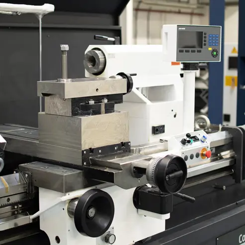 The toolpost on a Colchester Magnum Heavy-Duty Manual Lathe.