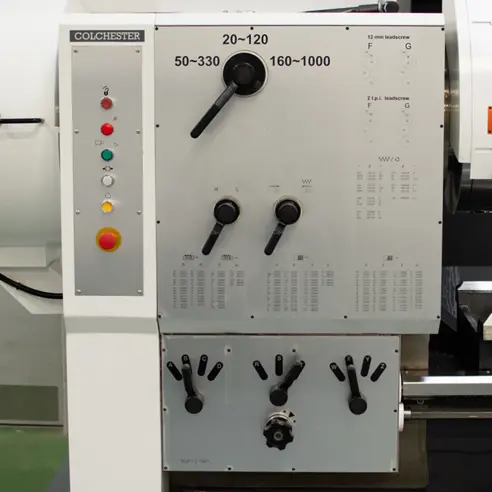 The control panel on a Colchester Magnum Heavy-Duty Manual Lathe.